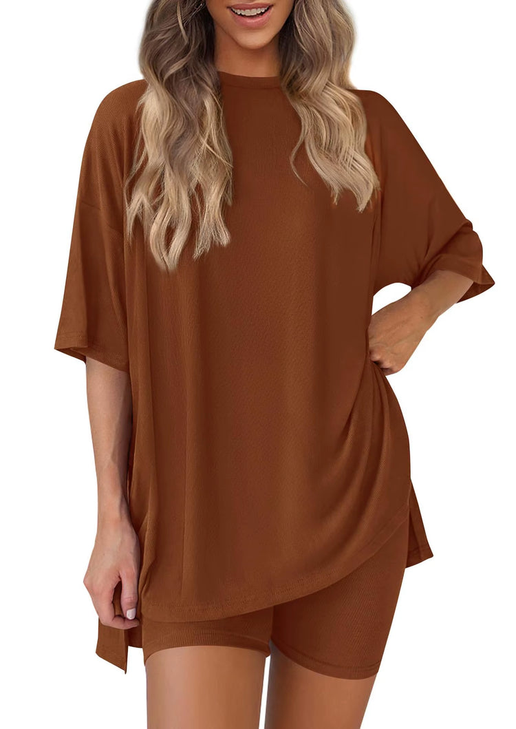 2025 Spring Summer Set Loose Fashion Solid Color Casual Loose Short Sleeve Shorts Set with Pocket Two Piece Suit Pijama Mujer