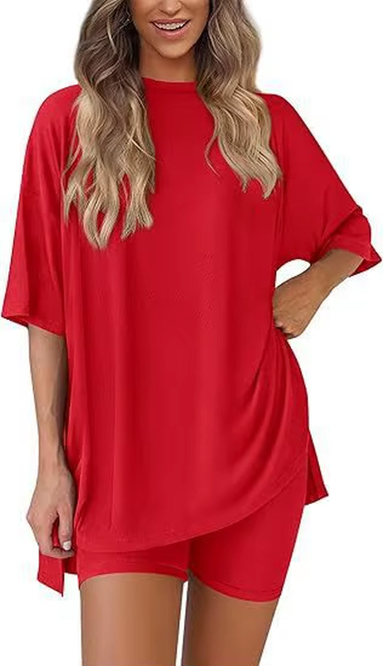 2025 Spring Summer Set Loose Fashion Solid Color Casual Loose Short Sleeve Shorts Set with Pocket Two Piece Suit Pijama Mujer