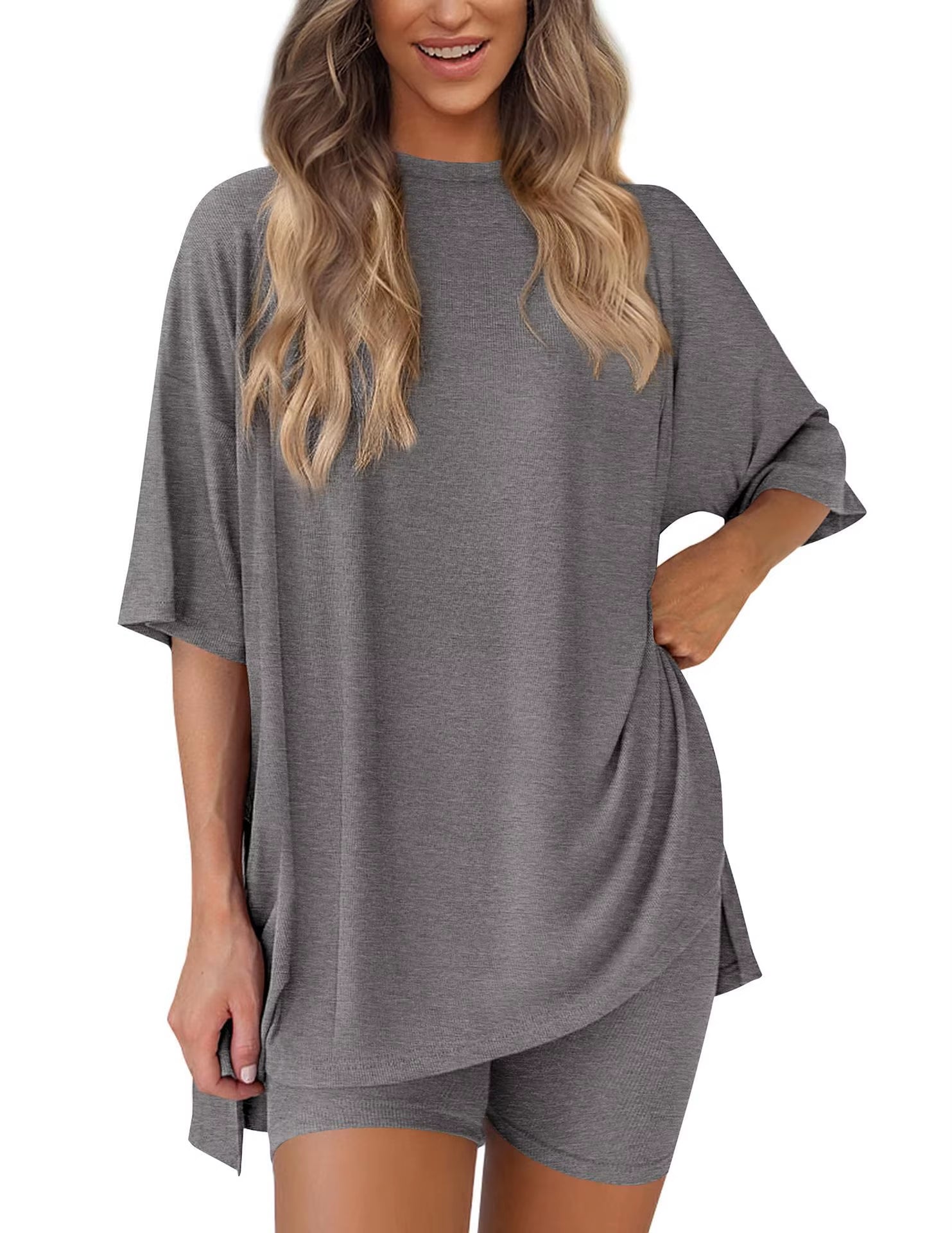 2025 Spring Summer Set Loose Fashion Solid Color Casual Loose Short Sleeve Shorts Set with Pocket Two Piece Suit Pijama Mujer
