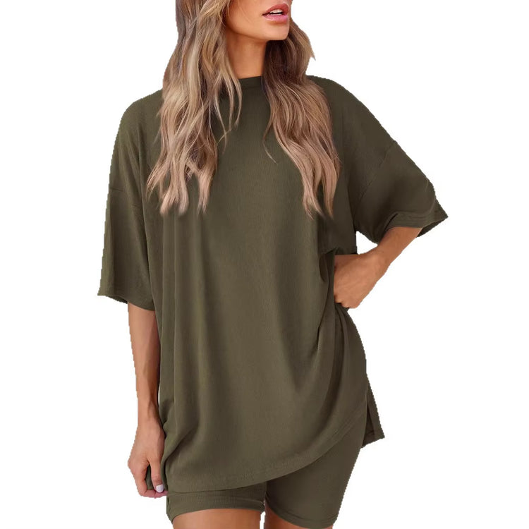 2025 Spring Summer Set Loose Fashion Solid Color Casual Loose Short Sleeve Shorts Set with Pocket Two Piece Suit Pijama Mujer